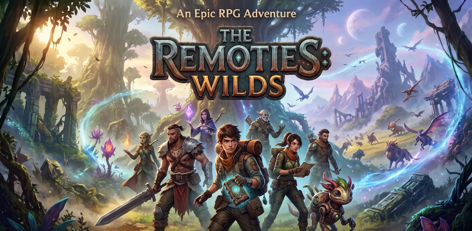 Εικόνα από το The Wilds: μια ομάδα τυχοδιωκτών βγαίνει από ένα πυκνό δάσος προς ερειπωμένους πύργους